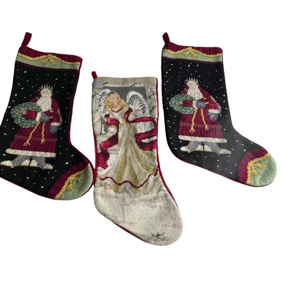 Set of 3 Vintage Needlepoint Velvet Christmas Stockings Santa and Angel Wool - Picture 1 of 8